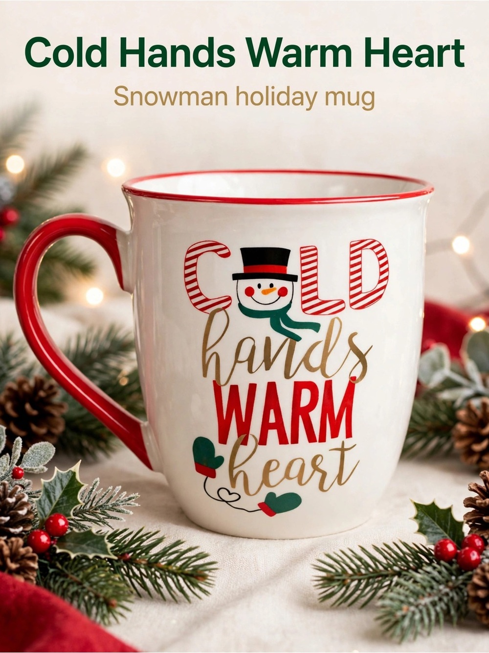 Holiday Snowman Mug - Red and White 'Cold Hands Warm Heart'